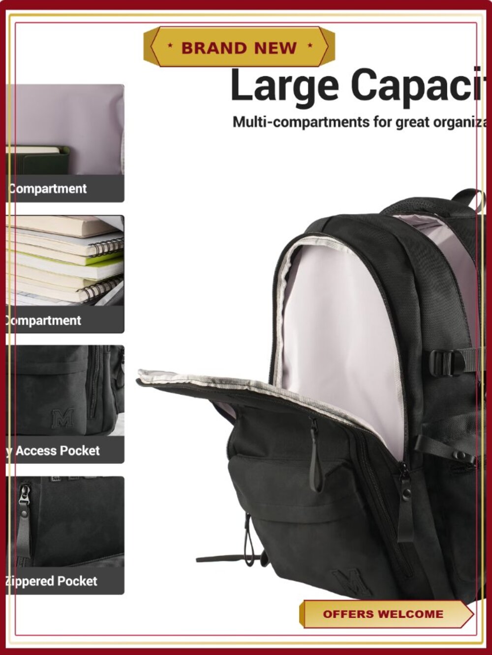 Water Resistant Lightweight Large Travel School Backpack with Padded Straps - Picture 6 of 7